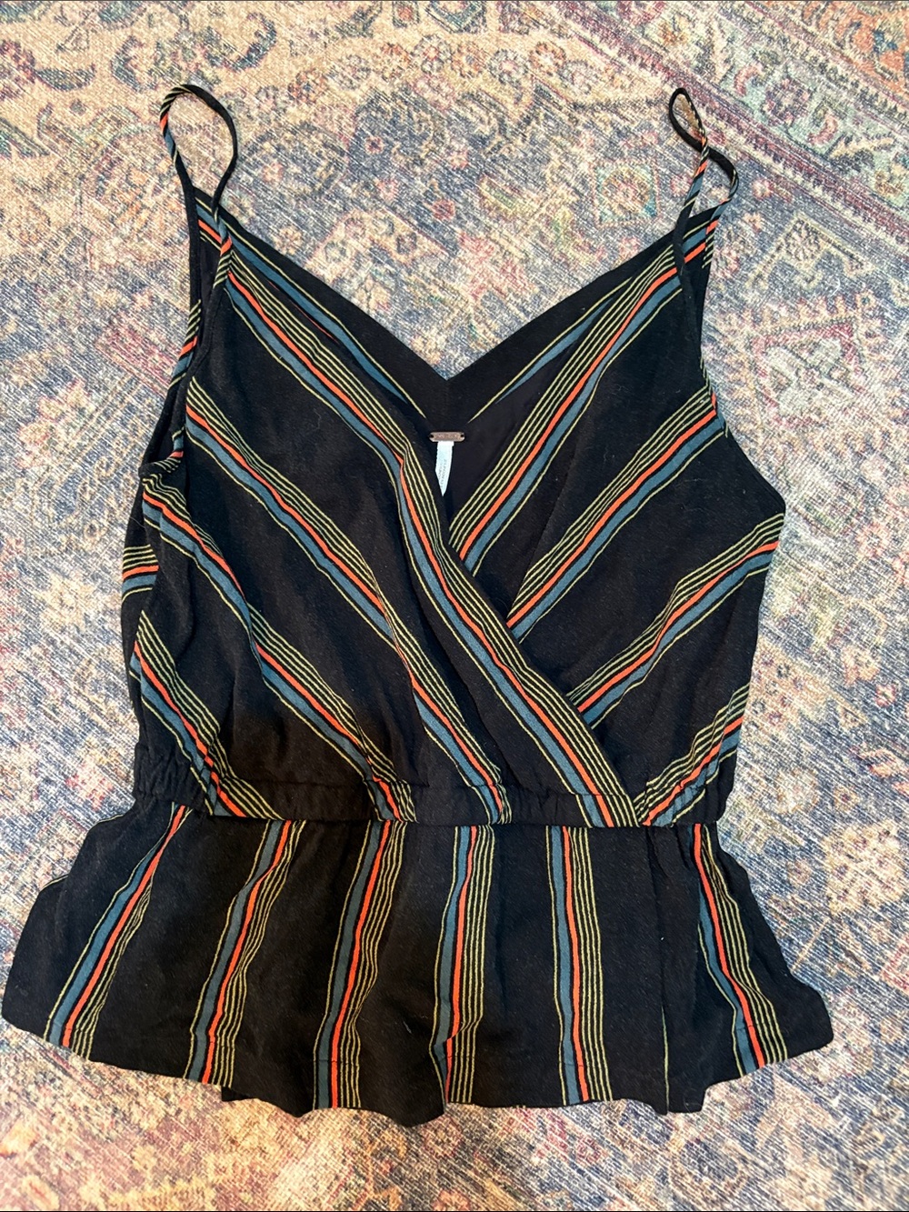 Free people Black with Stripes V-Neck Peplum Cami Top size XS